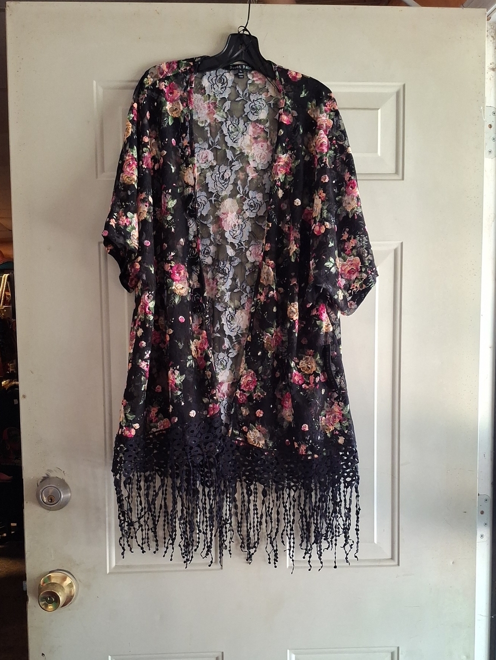 Sweet Rain Black Floral Fringe Kimono Jacket